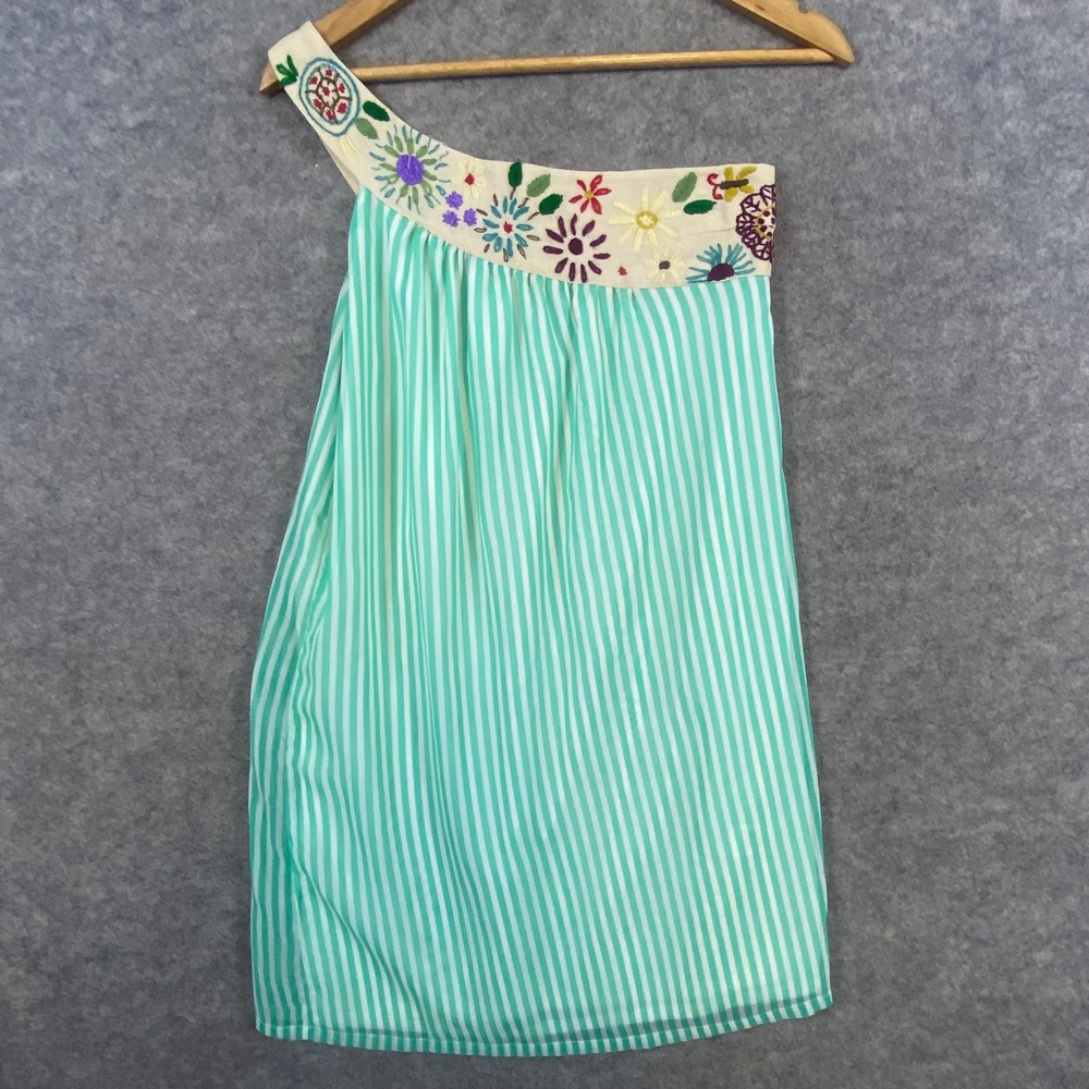 Judith March One Shoulder Dress‎ Striped Embroidered Floral Size S Green White